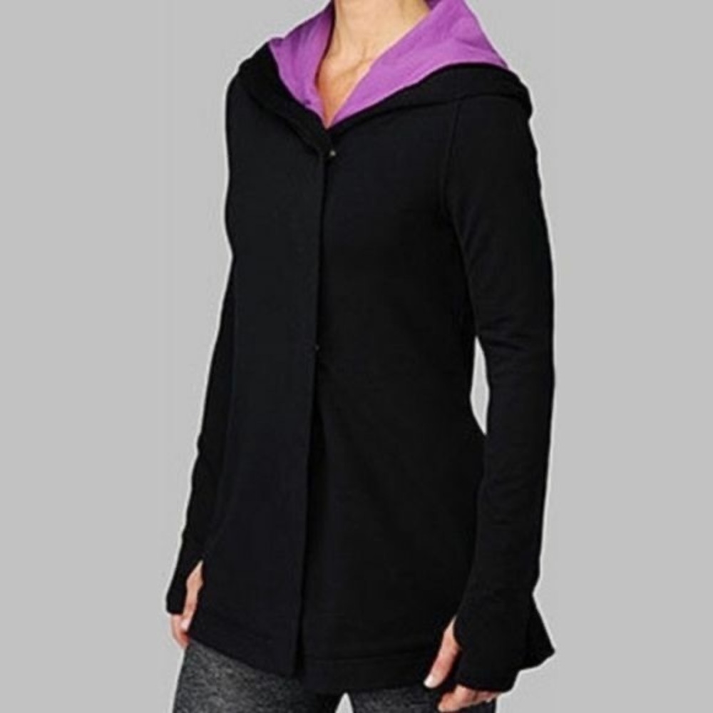 LULULEMON Black Hooded Snap Front Sweat Jacket w/ Purple Lining Sz 4